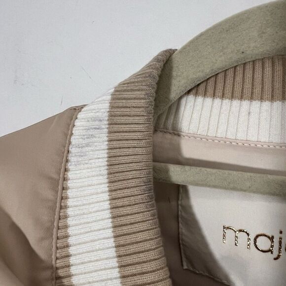 Maje Bomber Jacket Womens 36 Satin Embroidered Beige Preppy Academia - Picture 5 of 11